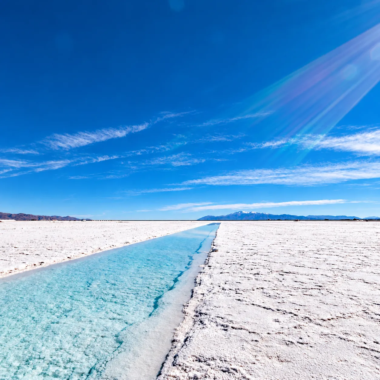 Canal de agua turquesa entre la sal blanca de las Salinas Grandes de Jujuy, excursión de medio día desde Purmamarca